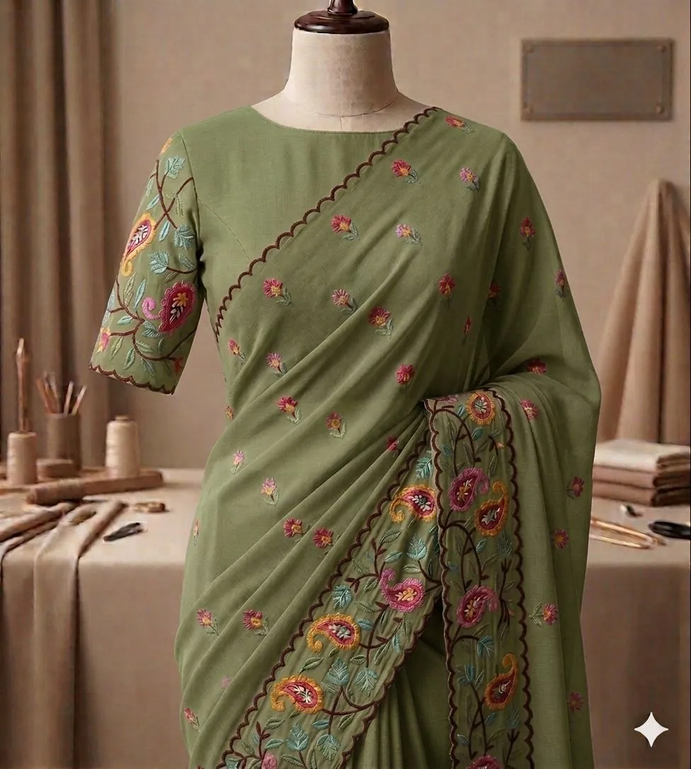 Olive Paisley Embroidered Saree