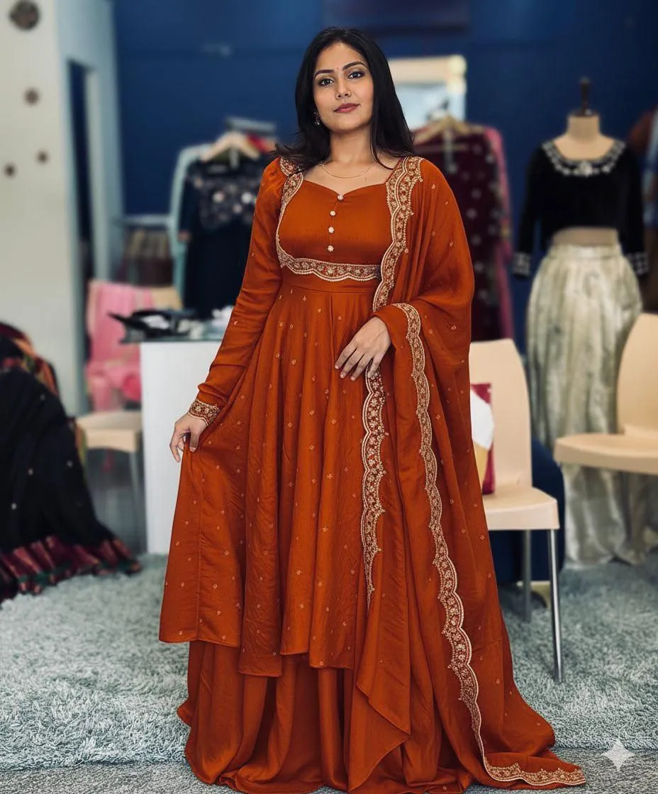 Rust Embroidered Anarkali Suit